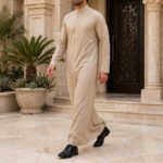 Beige Formal Saudi Style Thobe for Men – Traditional Arabic Islamic Long Sleeve Thobe - Image 2