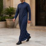 Navy Blue Formal Saudi Style Thobe for Men – Traditional Arabic Islamic Long Sleeve Thobe - Image 2