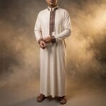 Al-Rijaal Designer Men's Thobe - Beige Designer Jubba with Brown Contrast Trim - Saudi Style - Full Length