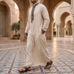 Al-Rijaal Designer Men's Thobe - Beige Designer Jubba with Brown Contrast Trim - Saudi Style - Full Length - Image 2