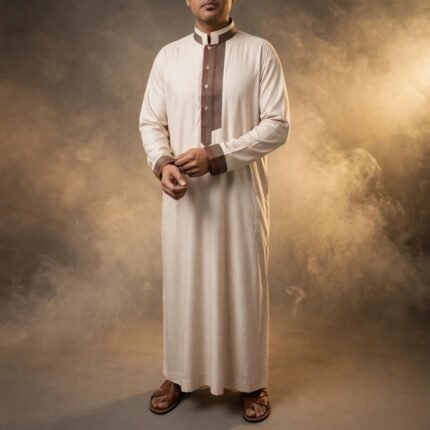 Al-Rijaal Designer Men's Thobe - Beige Designer Jubba with Brown Contrast Trim - Saudi Style - Full Length