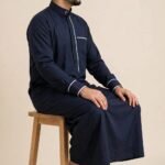 Black Designer Saudi Thobe for Men - White Piping | Al-Rijaal - Image 6
