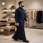 Black Designer Saudi Thobe for Men - White Piping | Al-Rijaal - Image 4