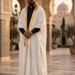 Al-Rijaal Off-White Formal Bisht | Golden Lace Arabic Cloak for Men
